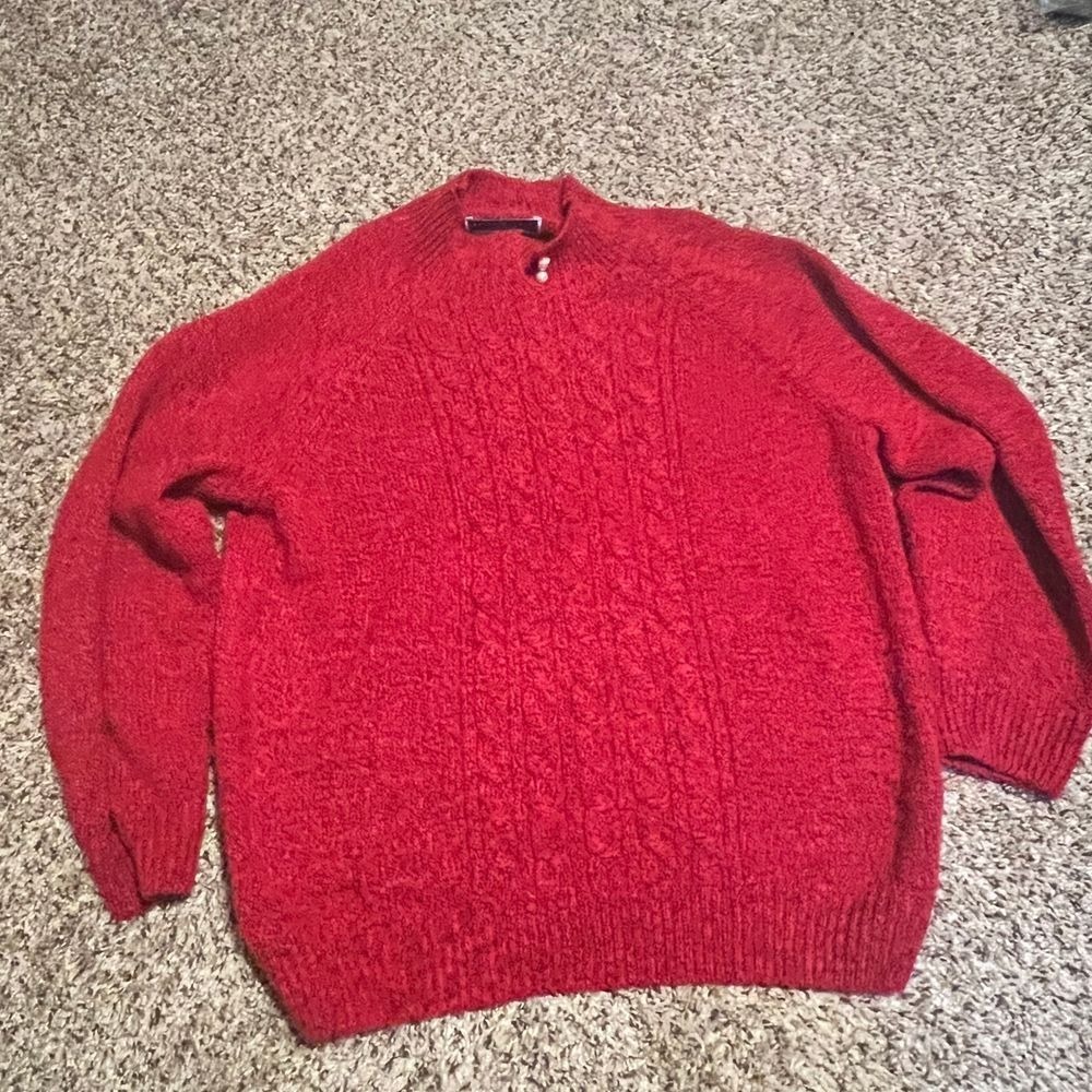 Karen Scott Red Speckled Black Cable Knit Pearl Button Sweater Petite Large